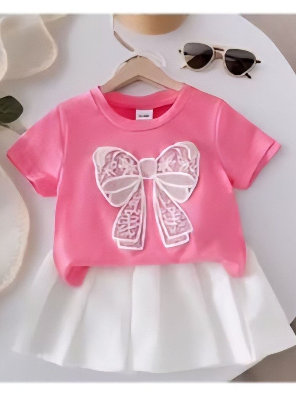 Girls Pink Bow Top And Whitw Skirt Set, Size 2-3Y